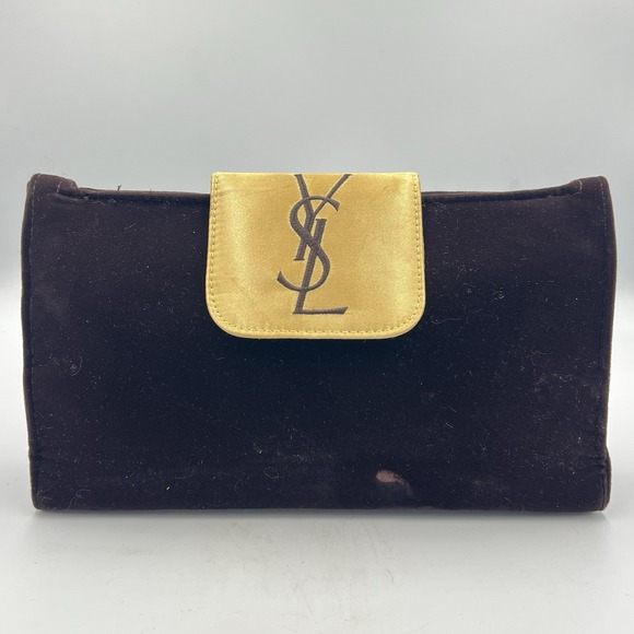 Vintage YSL Velvet Makeup Bag Clutch Brown Gold Logo Y2K - Picture 1 of 14